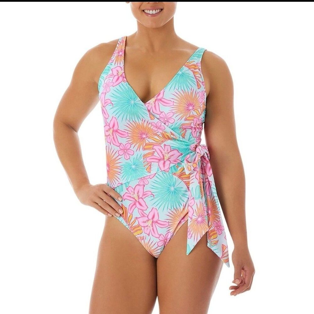 Ladies Floral One-Piece Swimsuit Sz Medium Tropical Adjustable Straps Tie Waist
